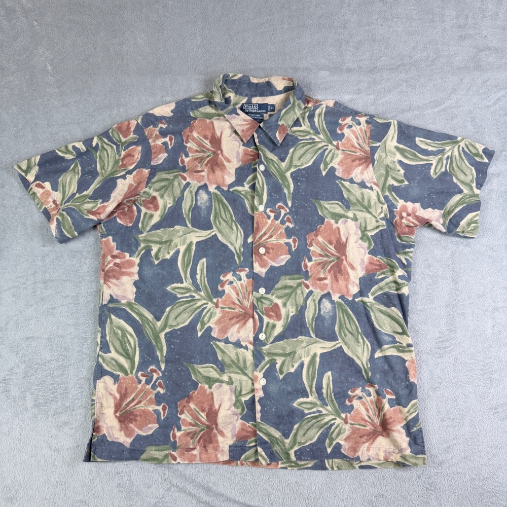 Polo Ralph Lauren Vintage Camp Shirt XL Blue Floral Hibiscus Cotton Linen Blend